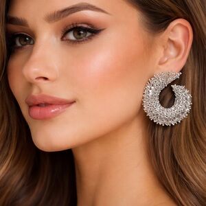Amrita Singh Sparkling Silver Crescent Statement Stud Earrings W Clear Crystals